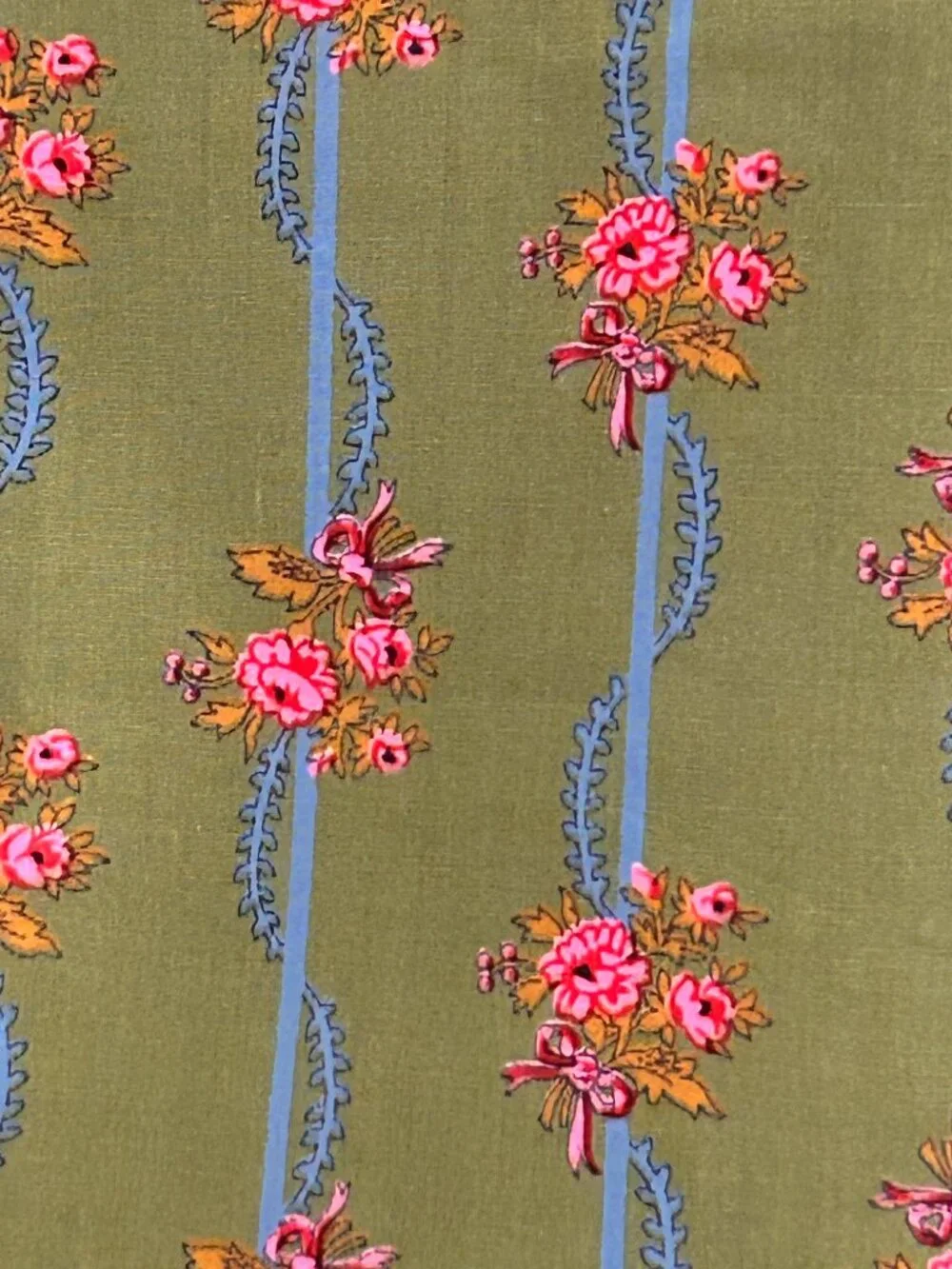 Vintage Green Pink Blue Floral Fabric Yardage 108 x 35 inches